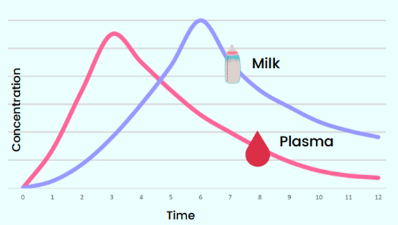 The figure shows that the milk/plasma ratio depends on the time interval at which the sample is collected after the medicine intake by the mother.