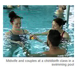 Midwife and couples at a childbirth class in a swimming pool